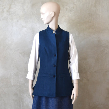 14 – Ladies Longer Length Waistcoat in Indigo Heavier Weight Linen