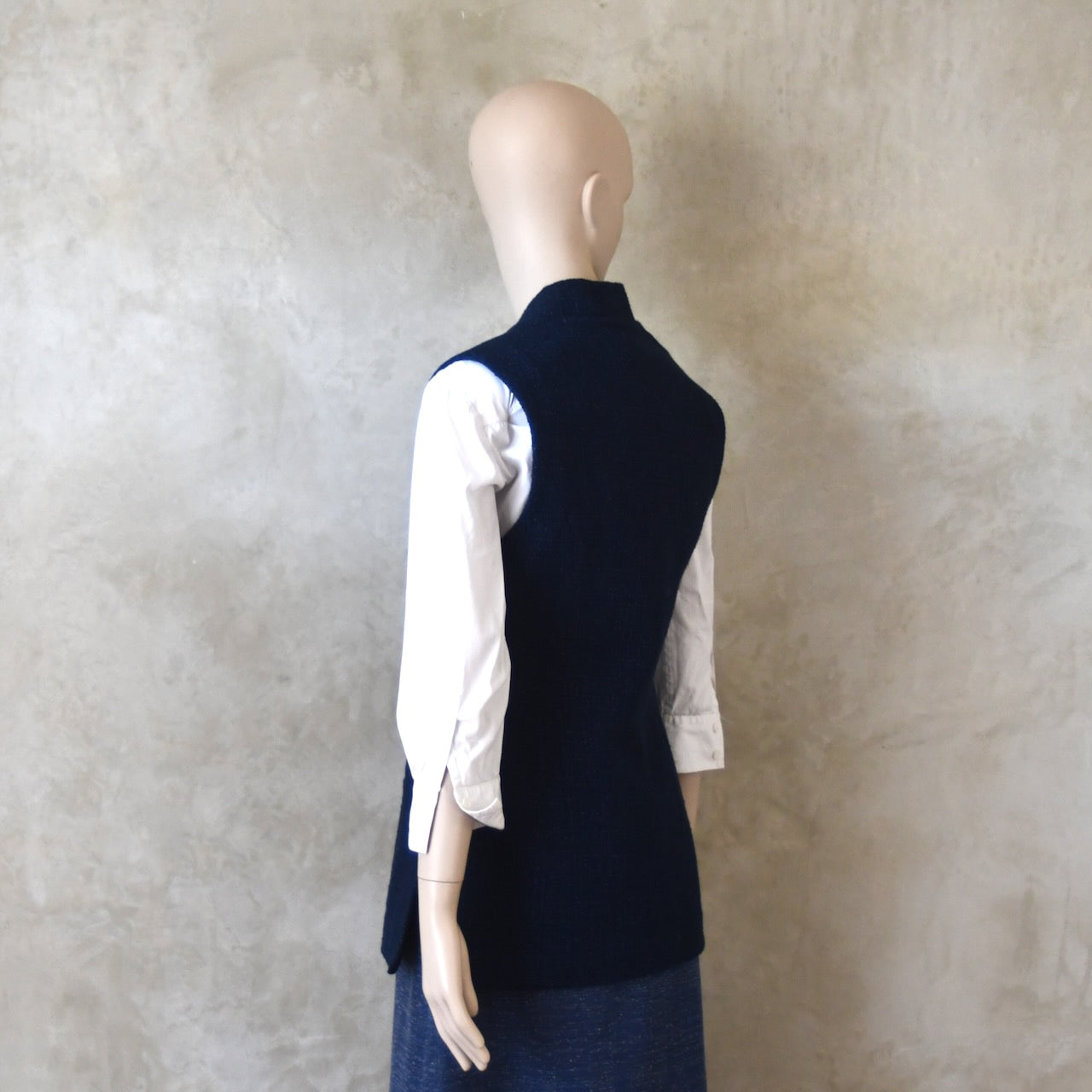 10 – Ladies Longer Length Waistcoat in Navy Cotton Linton Tweeds Boucle