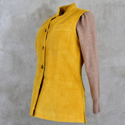 Ochre-Coloured Ladies Gilet. A pure cotton corduory ladies waistcoat with a longer length and waist shaping. Handmade in London.