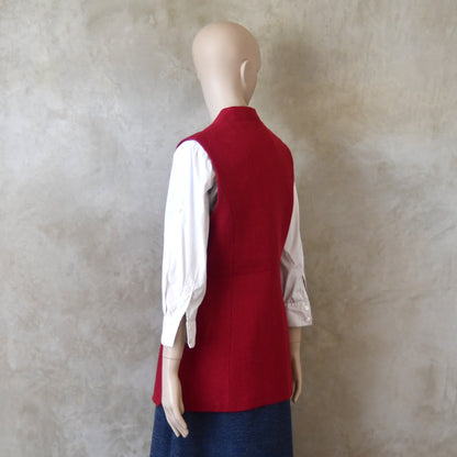 Back side shot of Ladies Shaped Gilet in Red Irish linen. Handmade in London with a Nehru Collar and Cotton Ticking Lining.