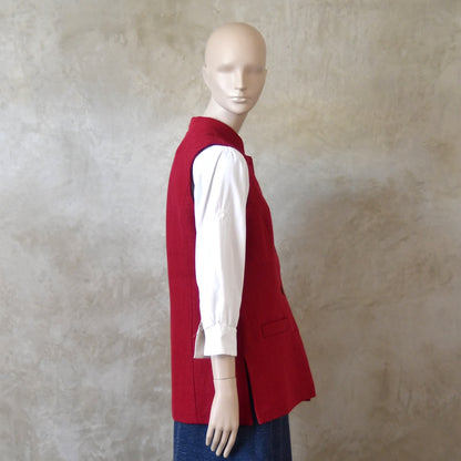 Side shot of Ladies Shaped Gilet in Red Irish linen. Handmade in London with a Nehru Collar and Cotton Ticking Lining.