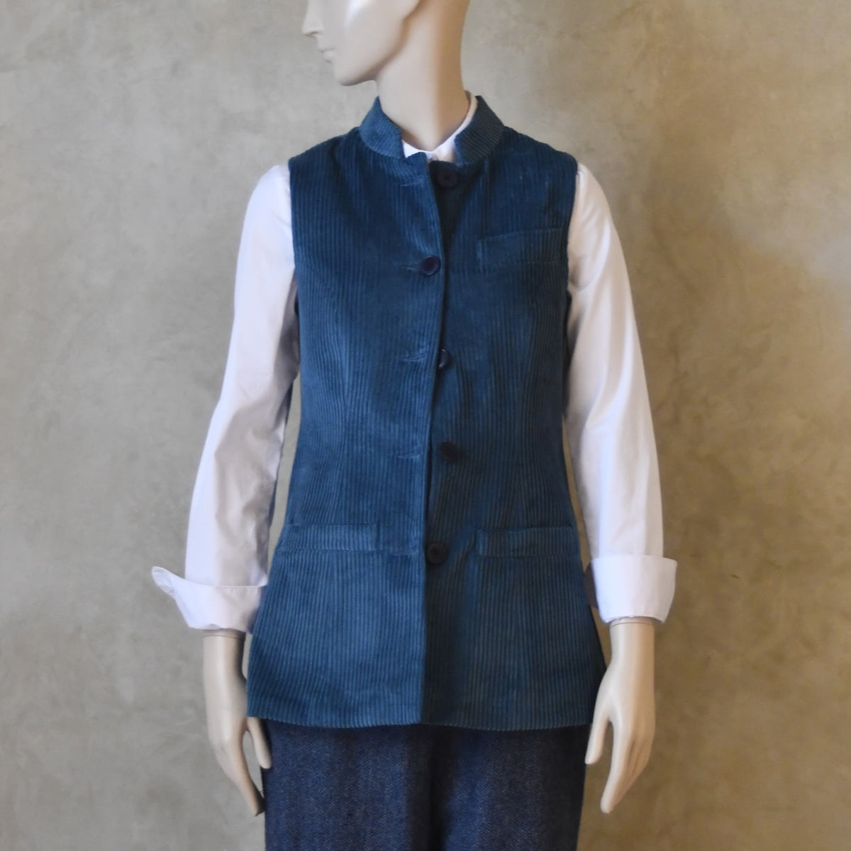 Ladies Longer Length Waistcoat in Teal Corduroy