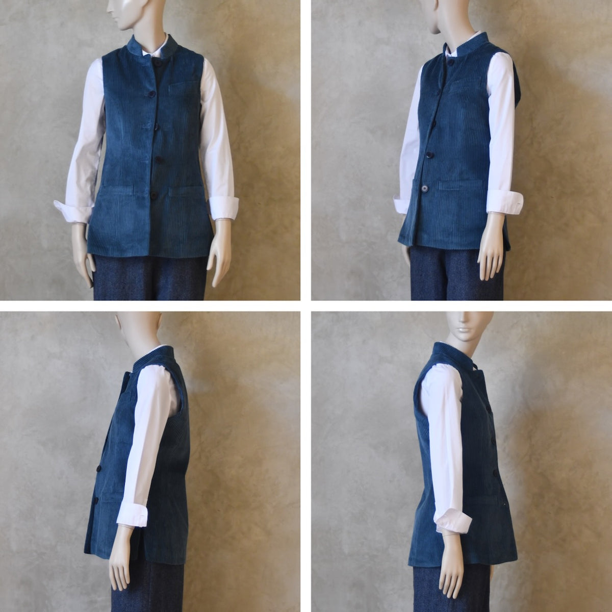 Ladies Longer Length Waistcoat in Teal Corduroy