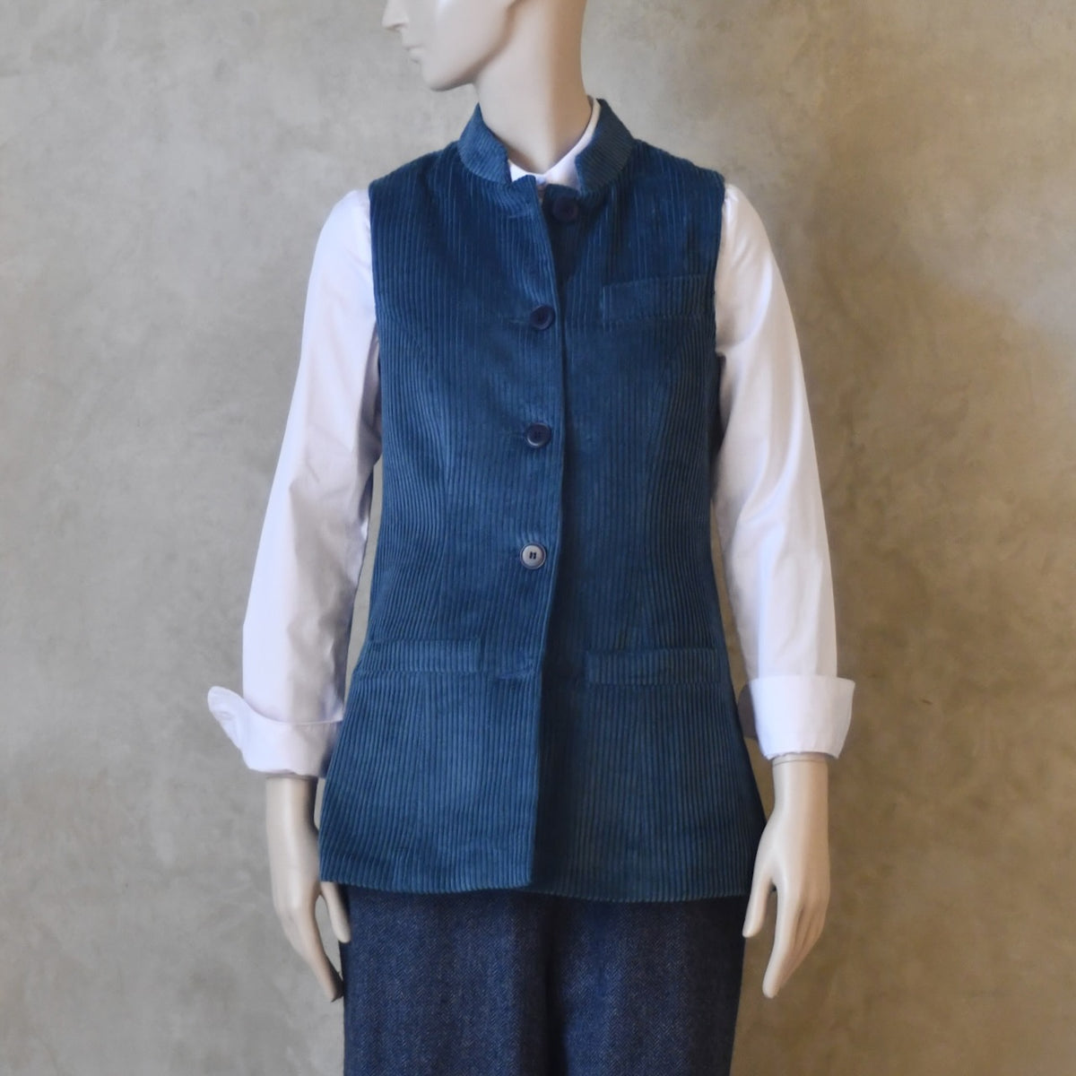 Ladies Longer Length Waistcoat in Teal Corduroy