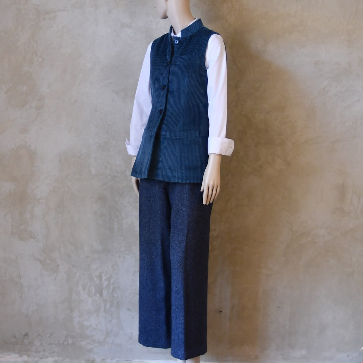 Ladies Longer Length Waistcoat in Teal Corduroy