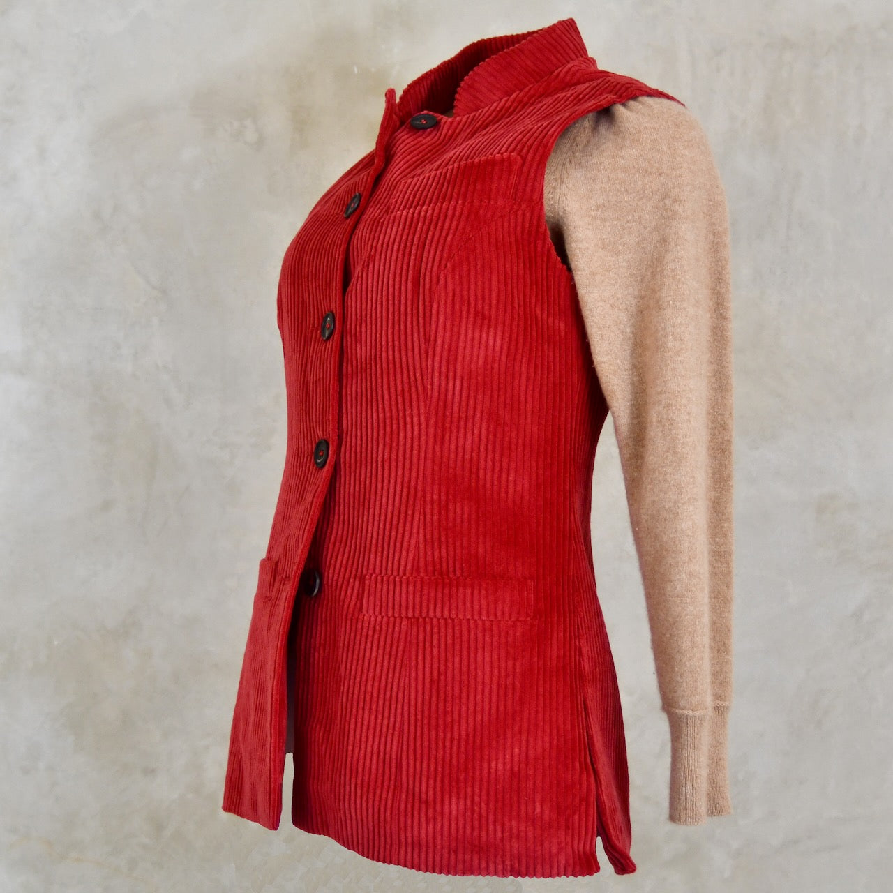 6 – Ladies Longer Length Waistcoat in Claret Corduroy