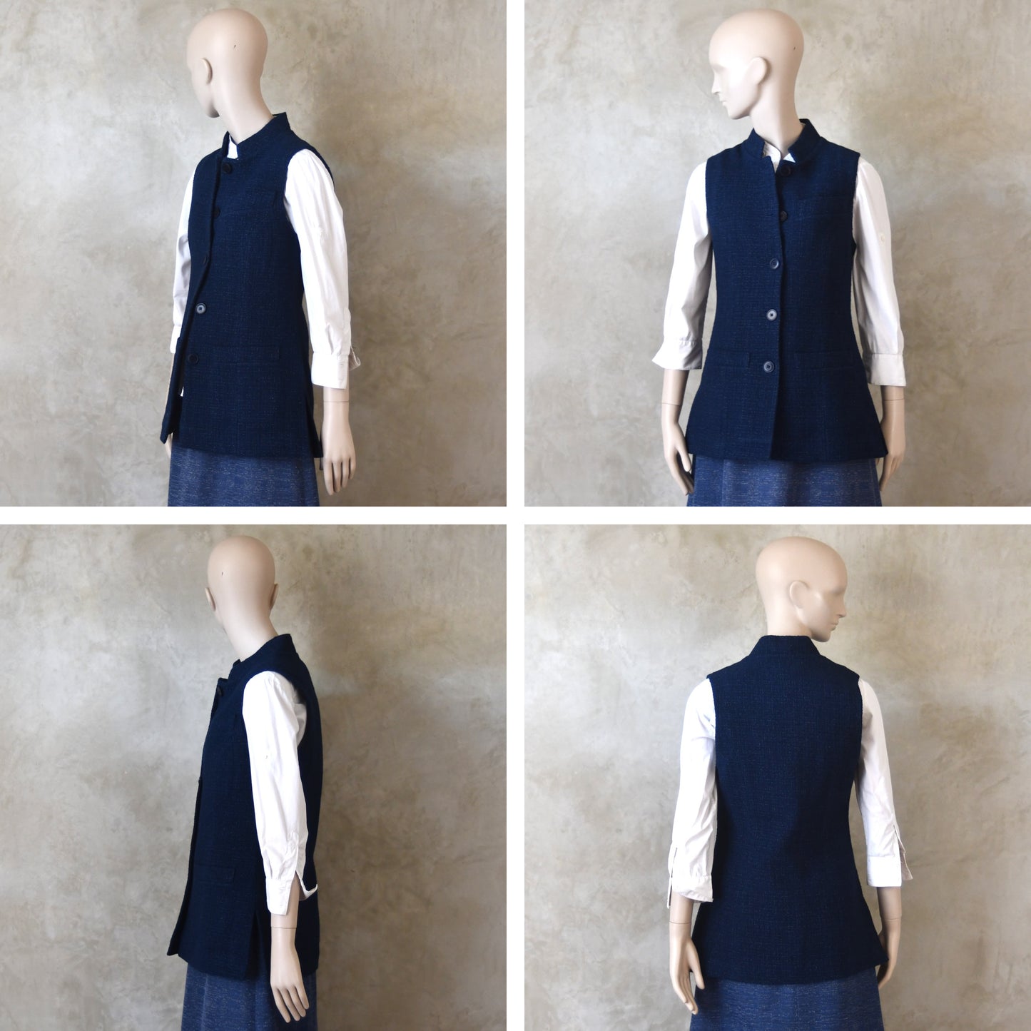 10 – Ladies Longer Length Waistcoat in Navy Cotton Linton Tweeds Boucle