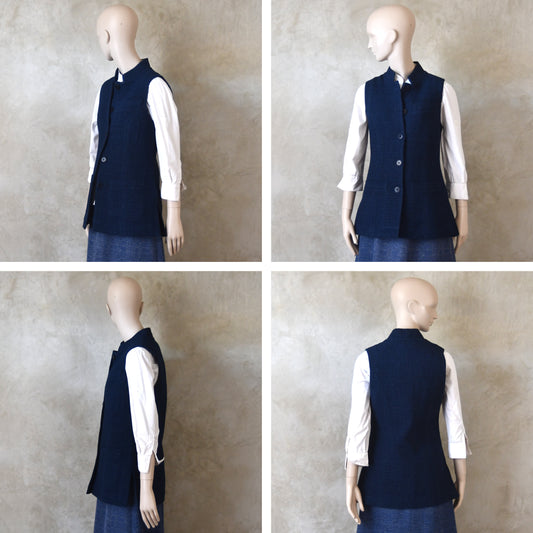 Ladies Longer Length Waistcoat in Navy Cotton Linton Tweeds Boucle