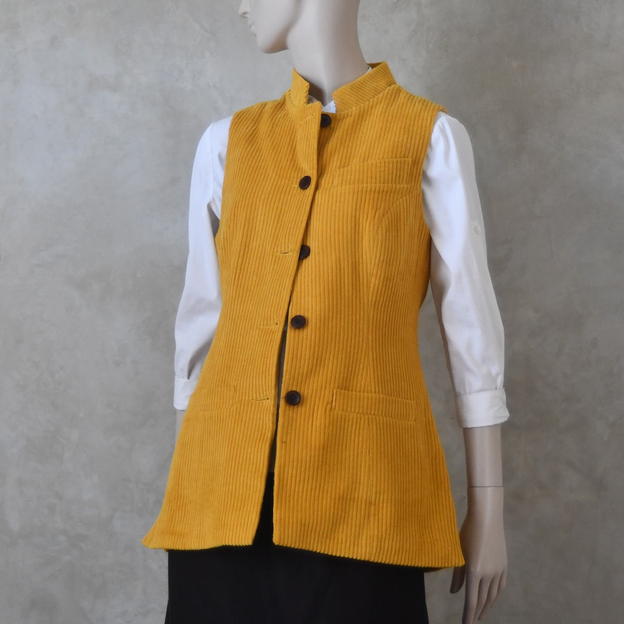 Ladies Longer Length Waistcoat in Ochre Corduroy