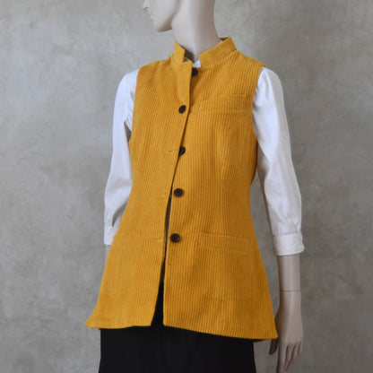 Ladies Longer Length Waistcoat in Ochre Corduroy