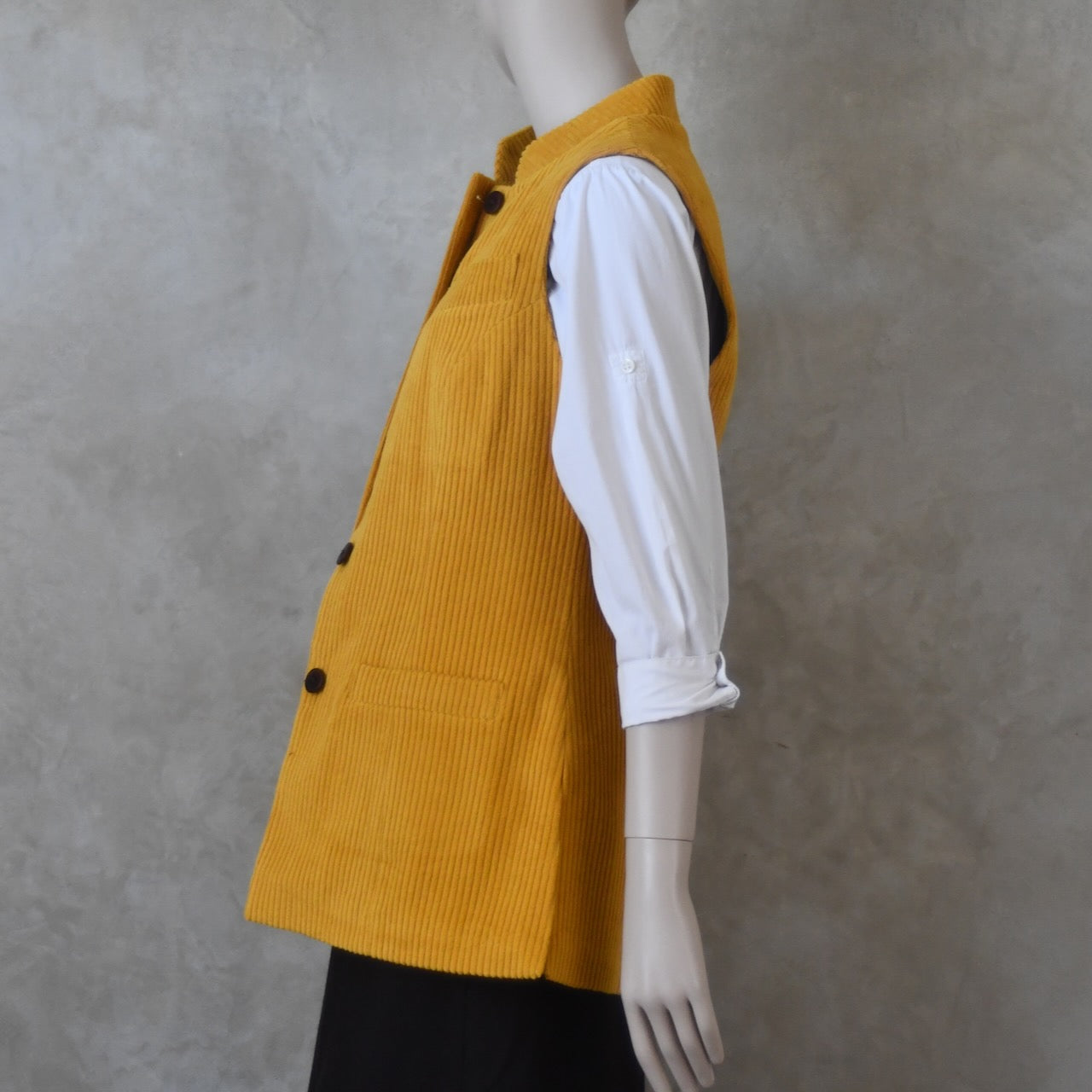 14 – Ladies Longer Length Waistcoat in Ochre Corduroy