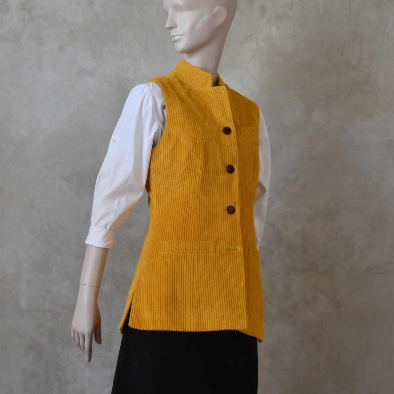 Ladies Longer Length Waistcoat in Ochre Corduroy