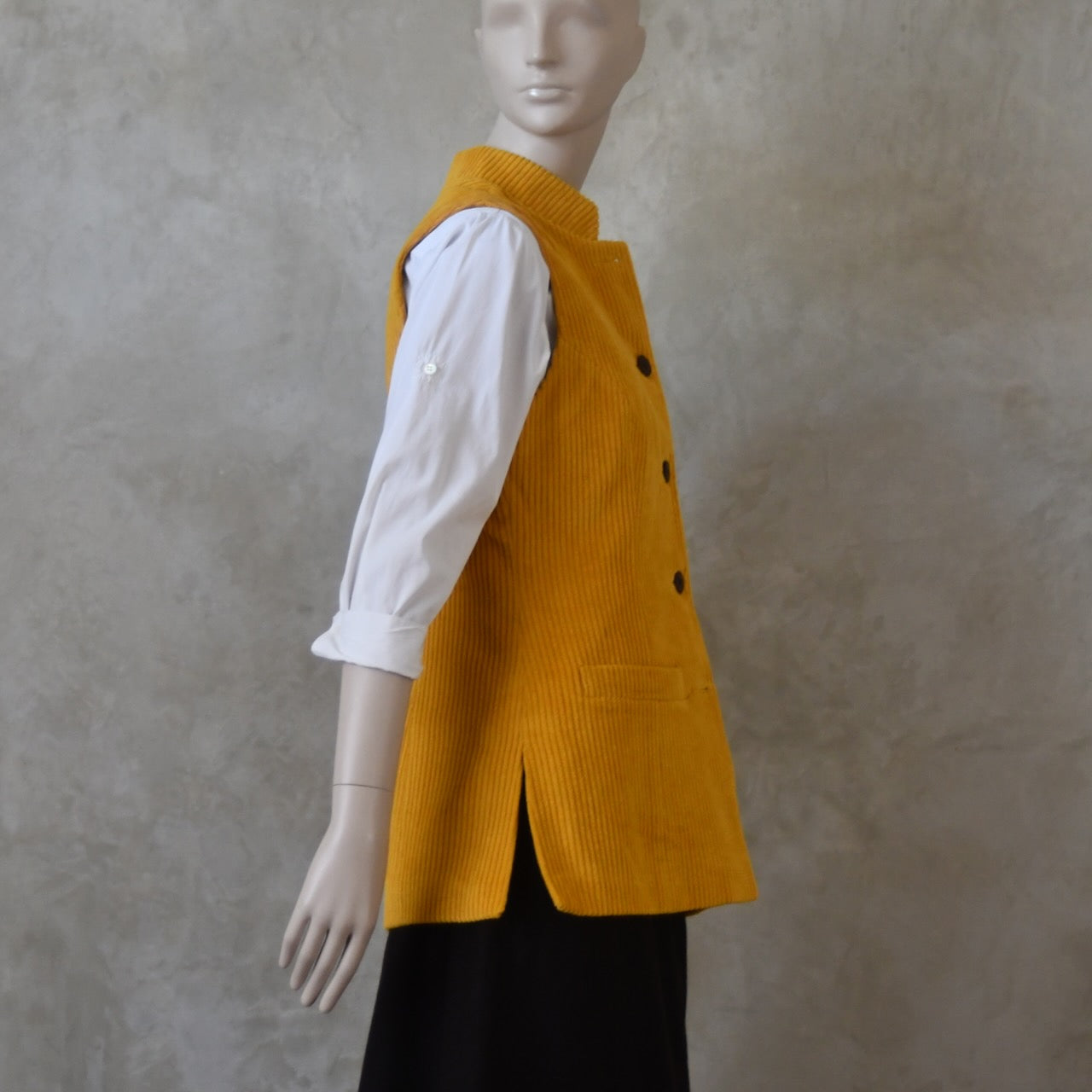 Ladies Longer Length Waistcoat in Ochre Corduroy