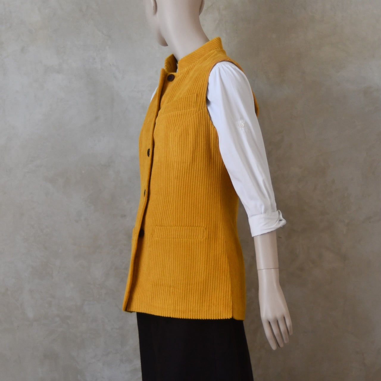 Ladies Longer Length Waistcoat in Ochre Corduroy