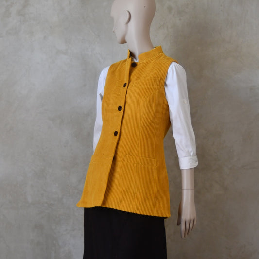 Ladies Longer Length Waistcoat in Ochre Corduroy