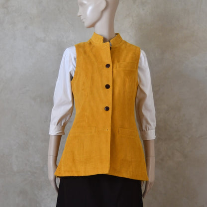 Ladies Longer Length Waistcoat in Ochre Corduroy
