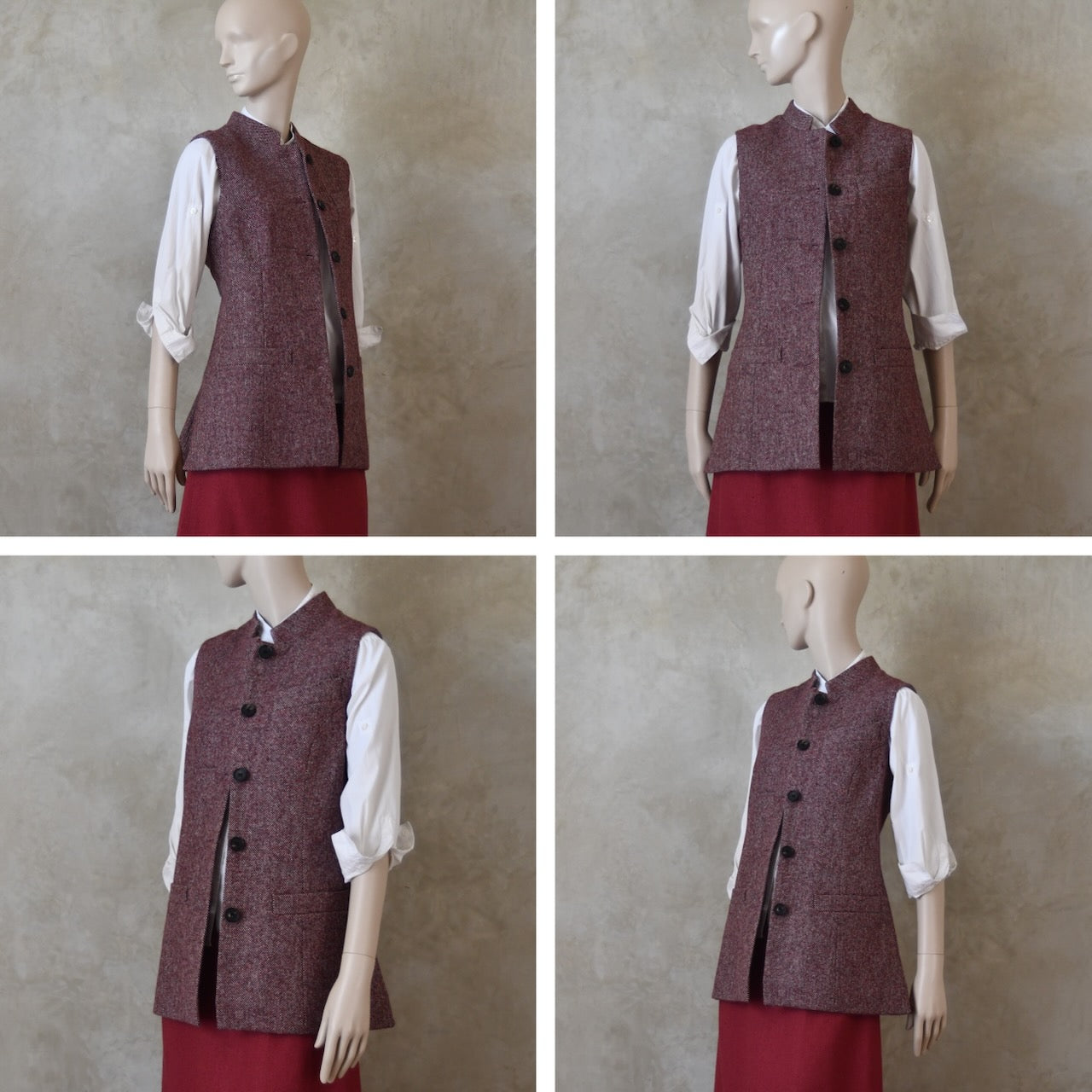 12 – Ladies Longer Length Waistcoat in Finely Woven Bloodshot Hopsack Tweed