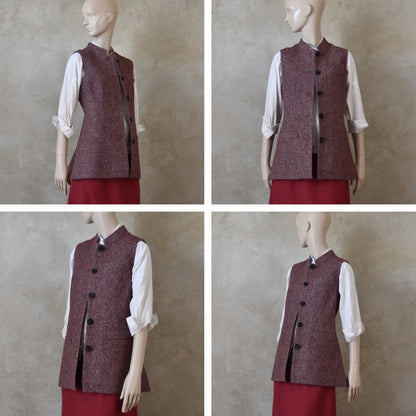 12 – Ladies Longer Length Waistcoat in Finely Woven Bloodshot Hopsack Tweed