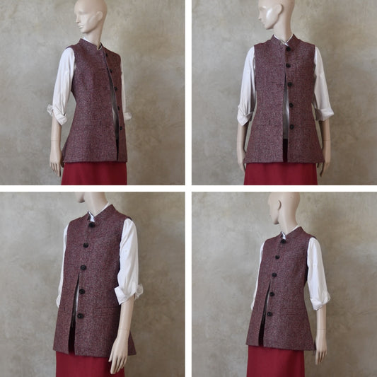 Ladies Longer Length Waistcoat in Finely Woven Bloodshot Hopsack Tweed