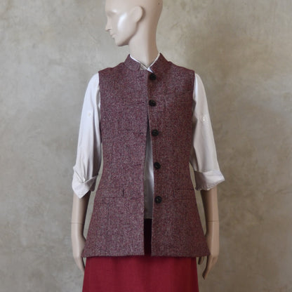 12 – Ladies Longer Length Waistcoat in Finely Woven Bloodshot Hopsack Tweed