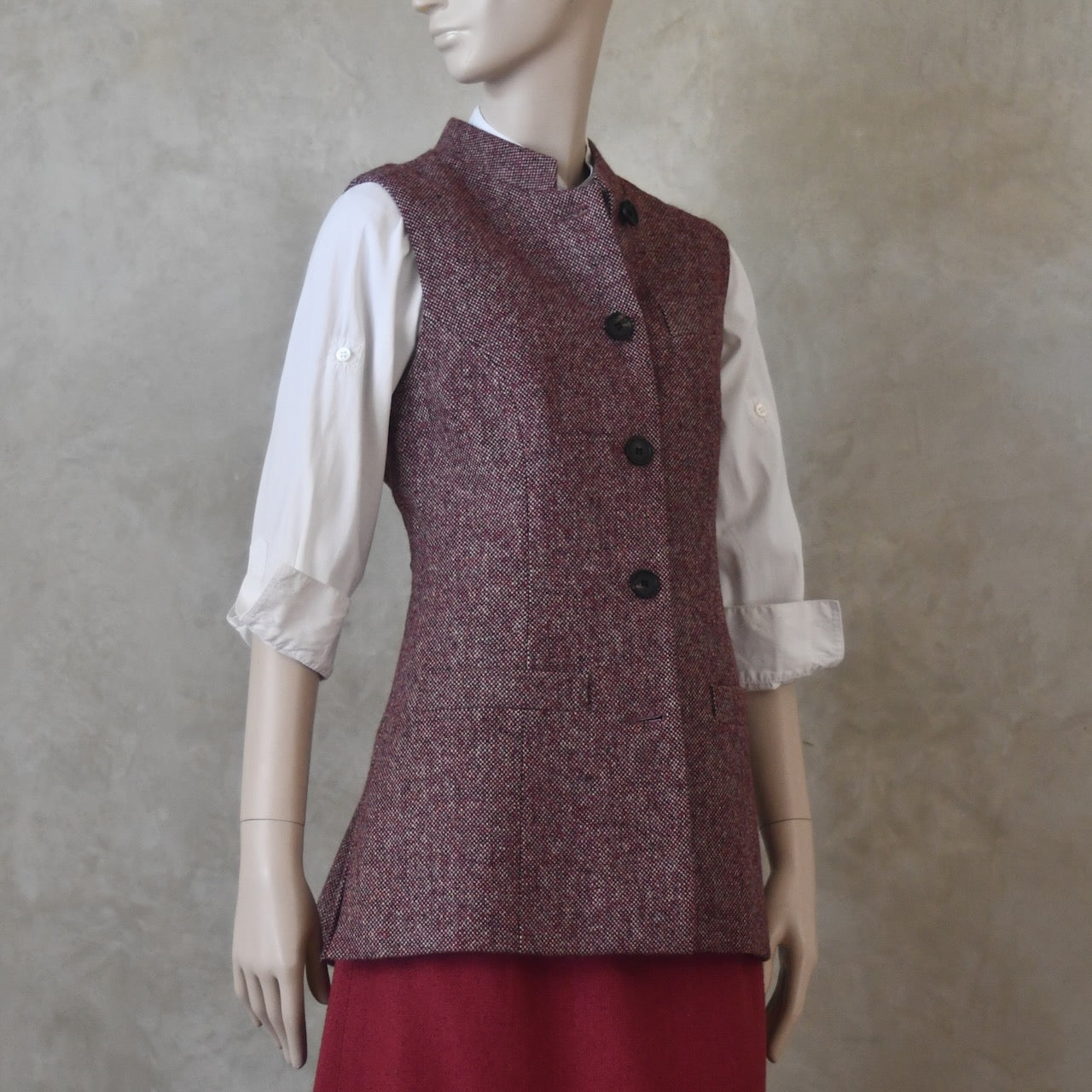 Ladies Longer Length Waistcoat in Finely Woven Bloodshot Hopsack Tweed