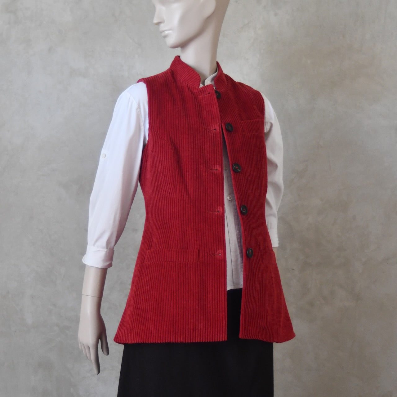 6 – Ladies Longer Length Waistcoat in Claret Corduroy
