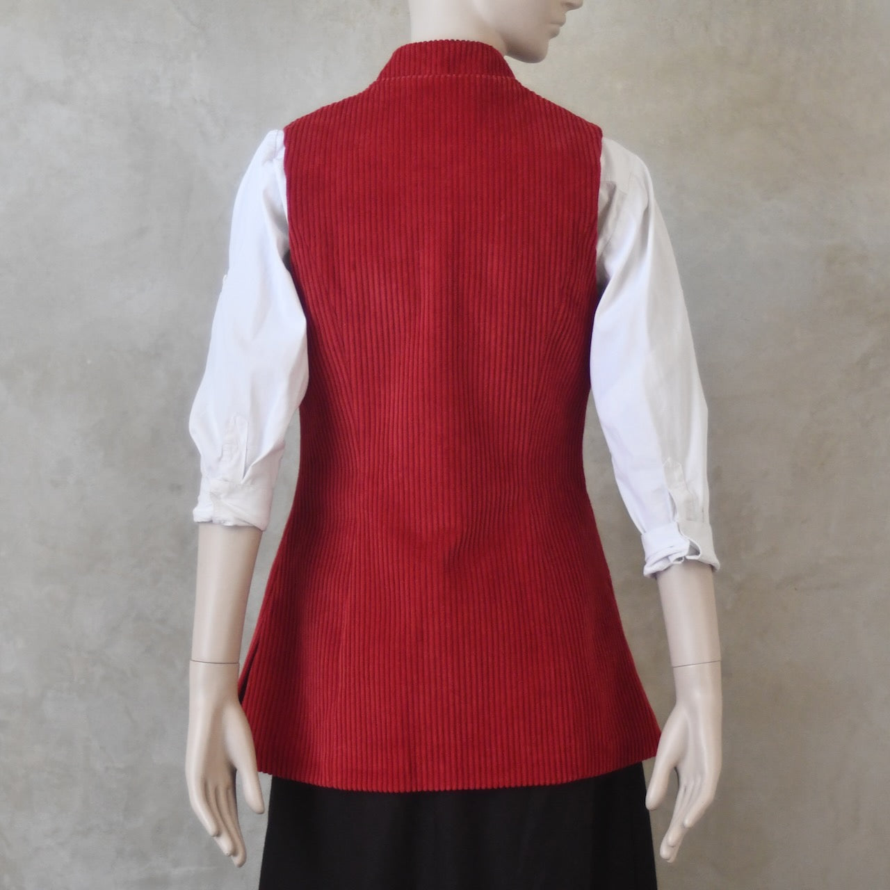 6 – Ladies Longer Length Waistcoat in Claret Corduroy