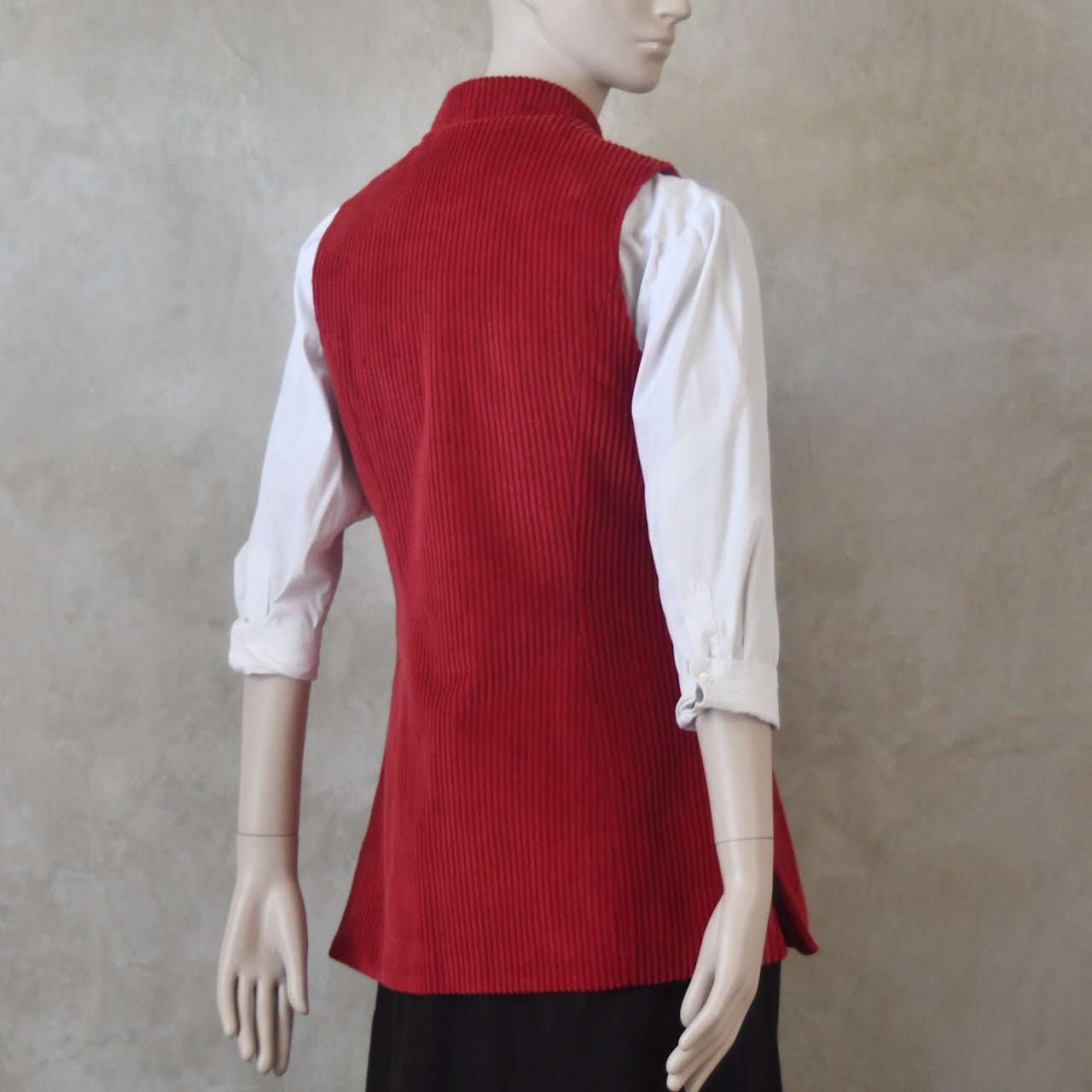 6 – Ladies Longer Length Waistcoat in Claret Corduroy