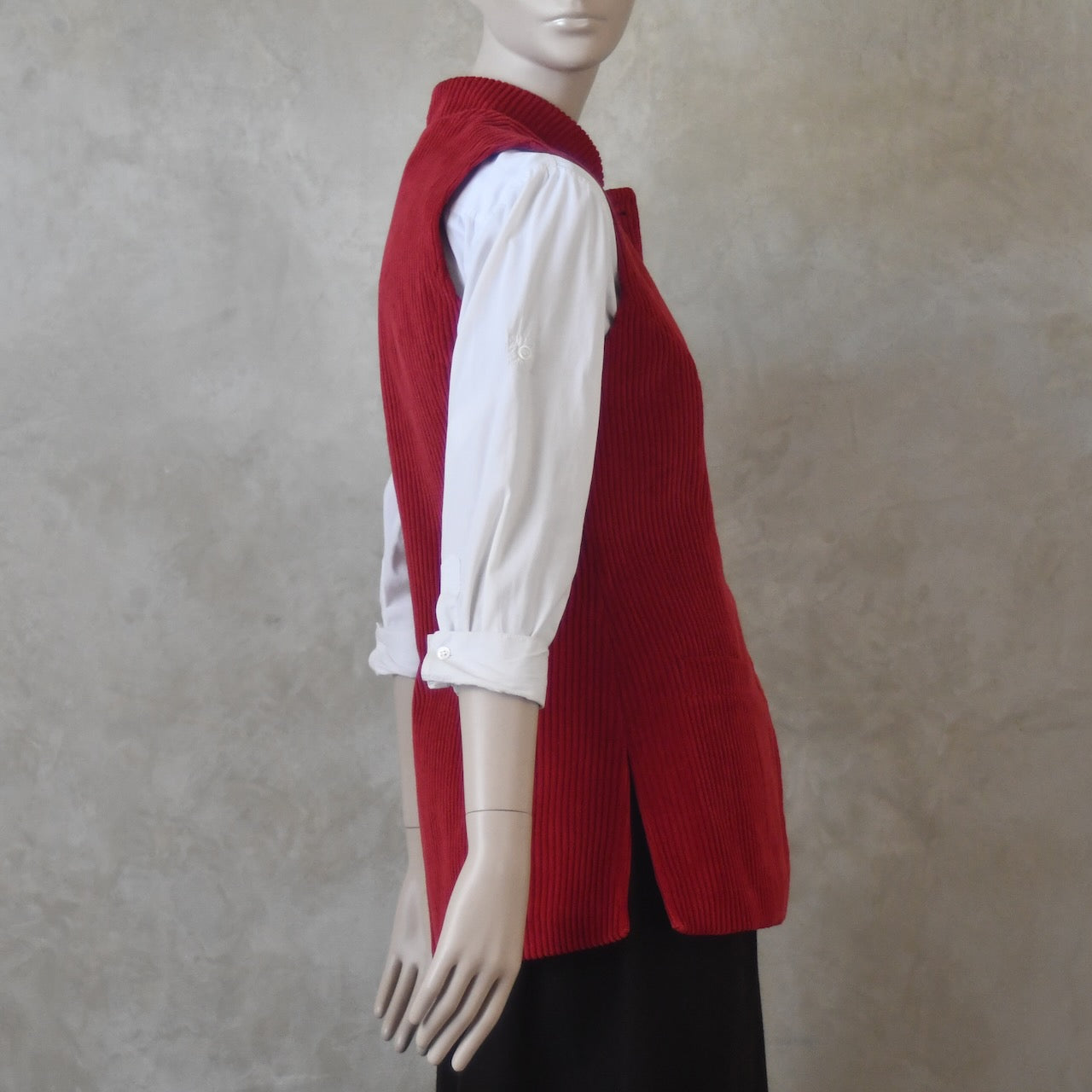6 – Ladies Longer Length Waistcoat in Claret Corduroy