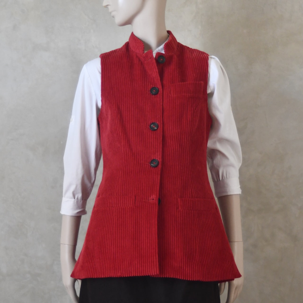 6 – Ladies Longer Length Waistcoat in Claret Corduroy