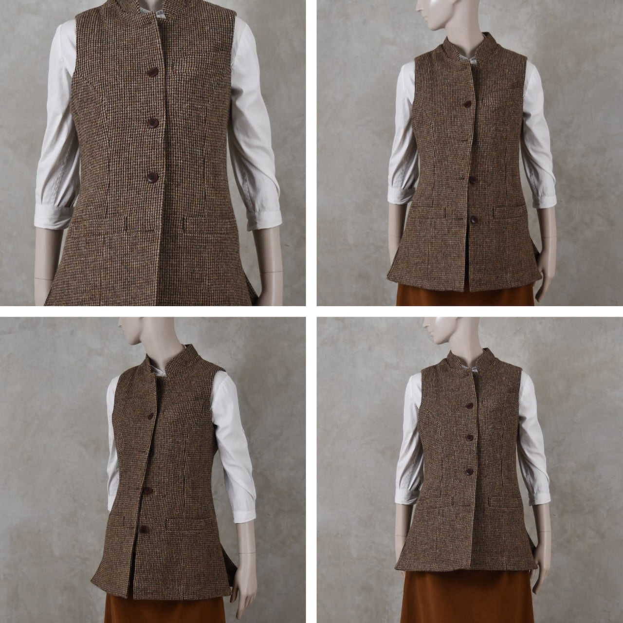 Ladies Longer Length Waistcoat in Small Brown Check Lovat Tweed