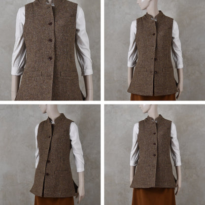 Ladies Longer Length Waistcoat in Small Brown Check Lovat Tweed