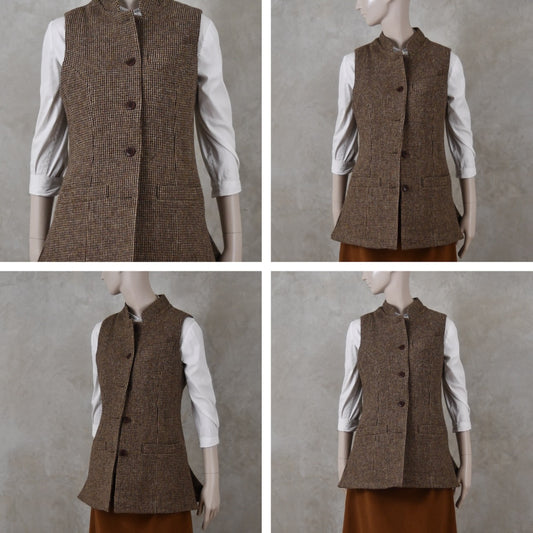 Ladies Longer Length Waistcoat in Small Brown Check Lovat Tweed