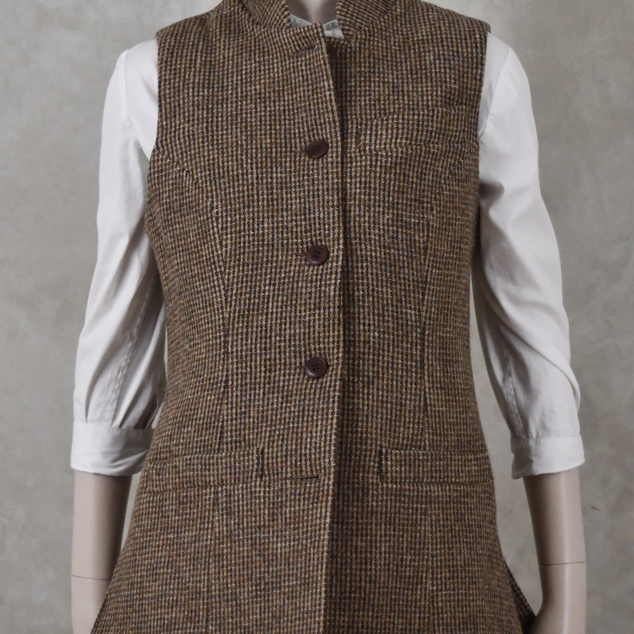 Ladies Longer Length Waistcoat in Small Brown Check Lovat Tweed