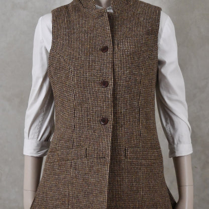 Ladies Longer Length Waistcoat in Small Brown Check Lovat Tweed