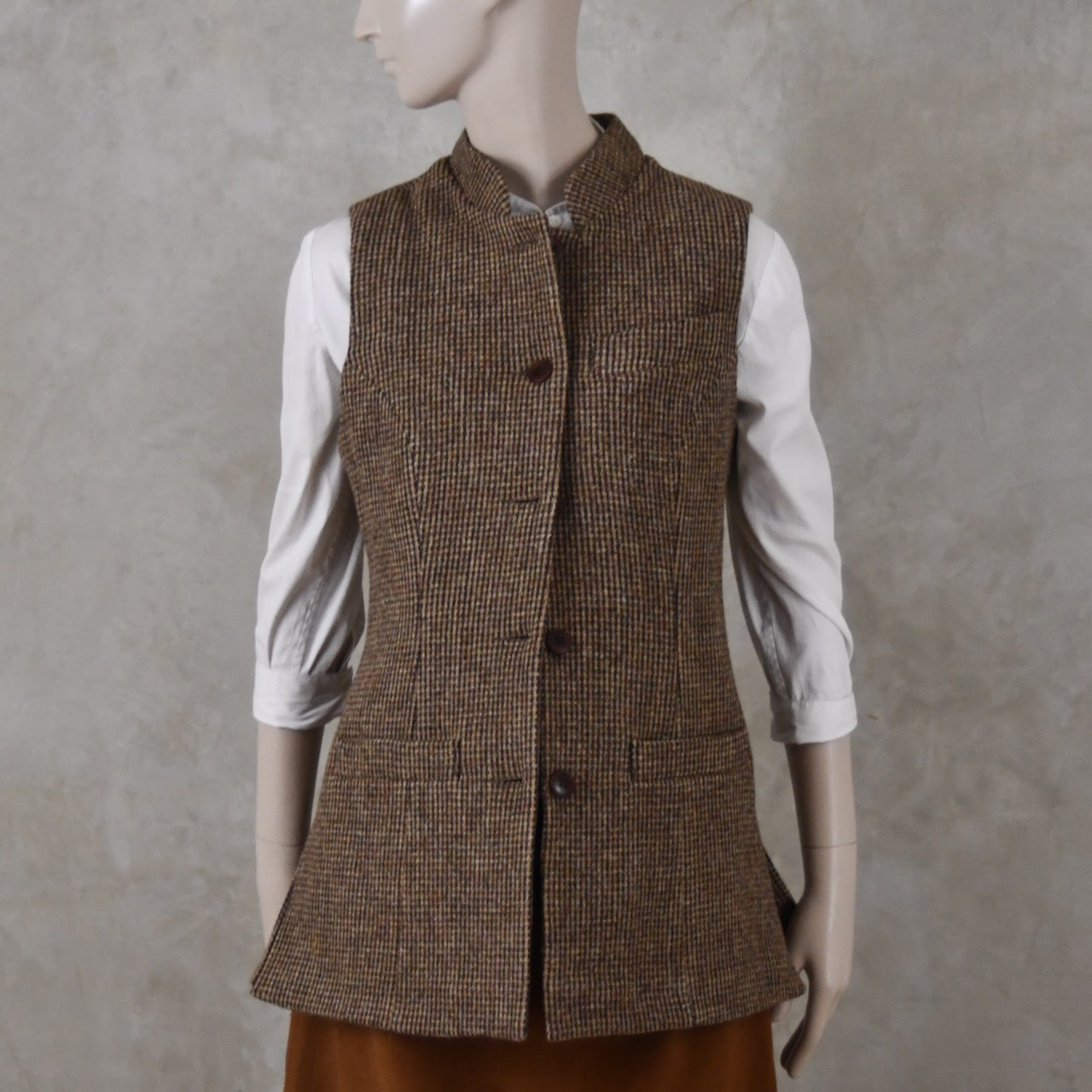 Ladies Longer Length Waistcoat in Small Brown Check Lovat Tweed