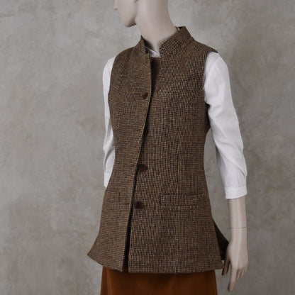Ladies Longer Length Waistcoat in Small Brown Check Lovat Tweed