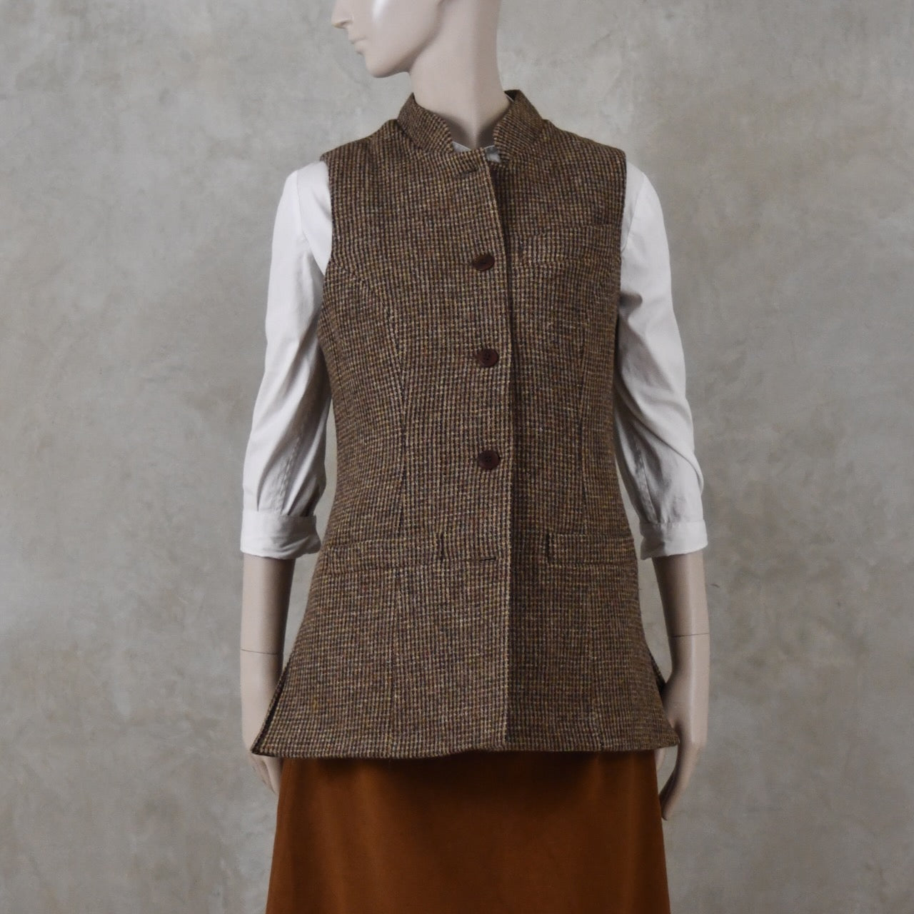 Ladies Longer Length Waistcoat in Small Brown Check Lovat Tweed