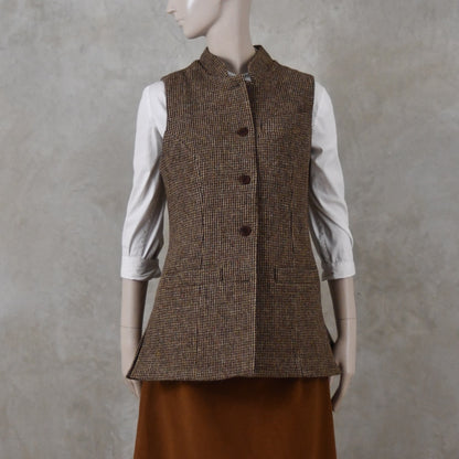 Ladies Longer Length Waistcoat in Small Brown Check Lovat Tweed