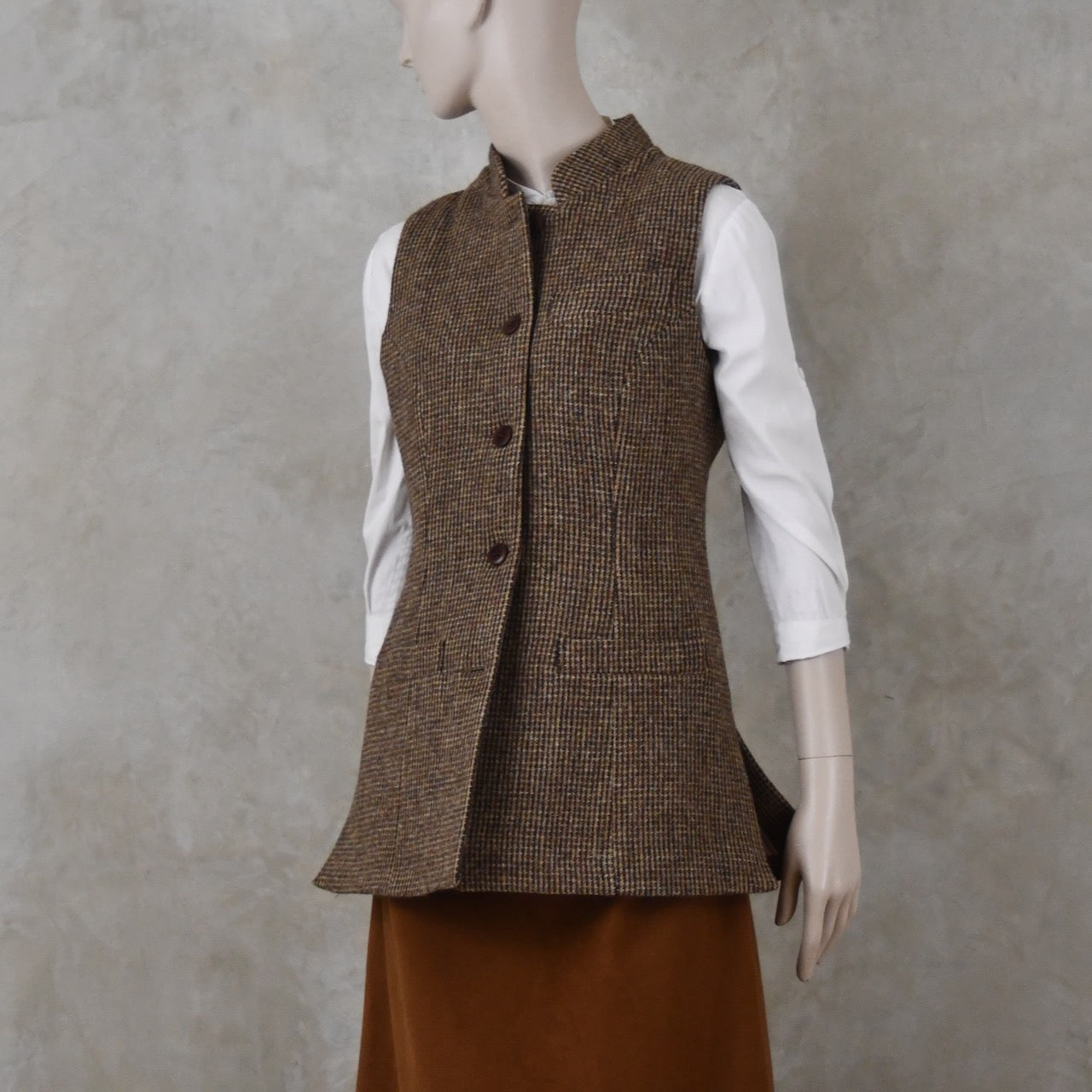 Ladies Longer Length Waistcoat in Small Brown Check Lovat Tweed