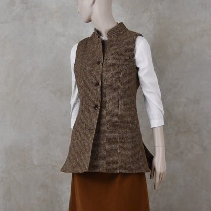 Ladies Longer Length Waistcoat in Small Brown Check Lovat Tweed