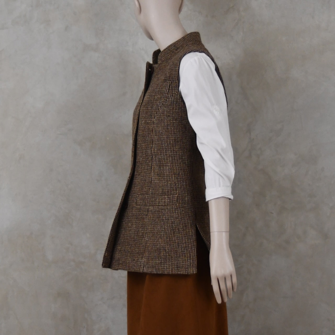 Ladies Longer Length Waistcoat in Small Brown Check Lovat Tweed