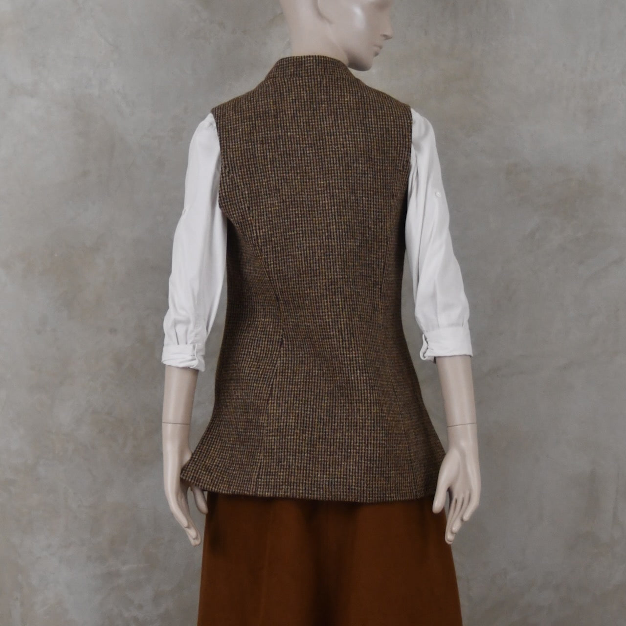 Ladies Longer Length Waistcoat in Small Brown Check Lovat Tweed