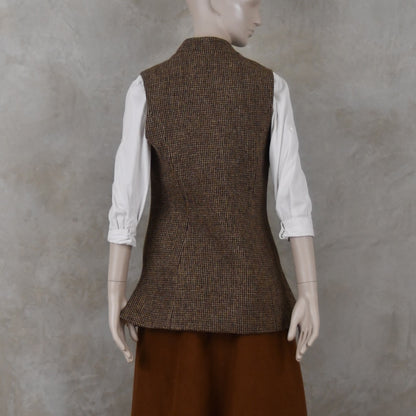 Ladies Longer Length Waistcoat in Small Brown Check Lovat Tweed