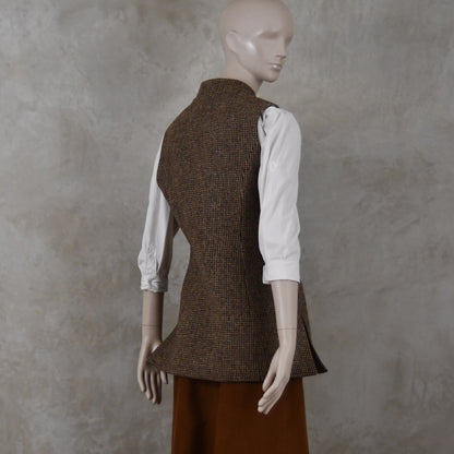 Ladies Longer Length Waistcoat in Small Brown Check Lovat Tweed