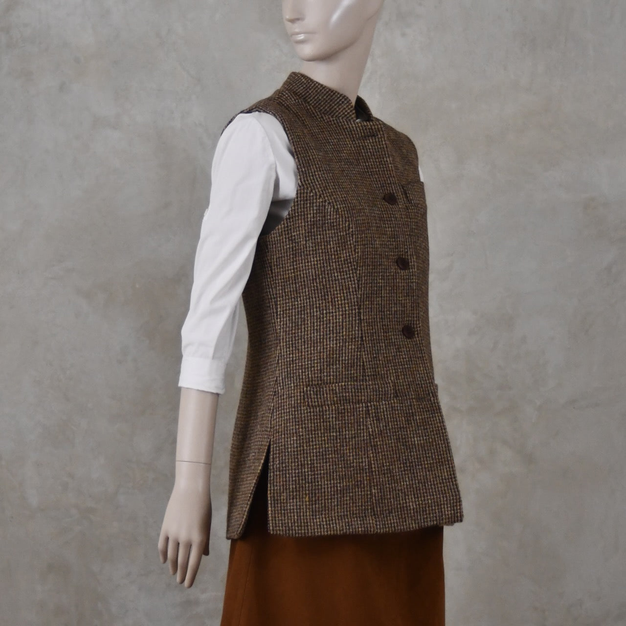 Ladies Longer Length Waistcoat in Small Brown Check Lovat Tweed