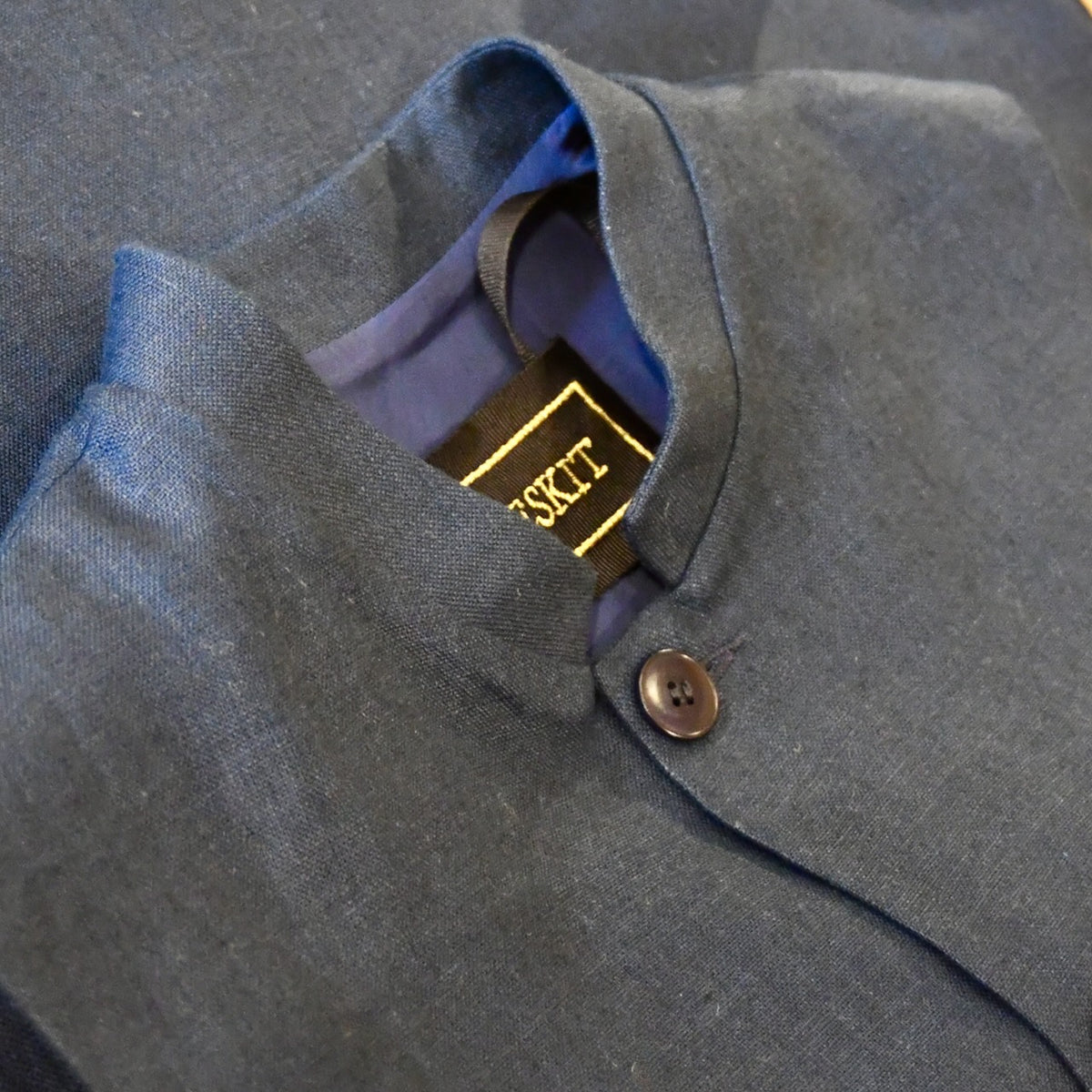 Collar detail on Lighweight linen Nehru Collared Gilet. Handmade in London.