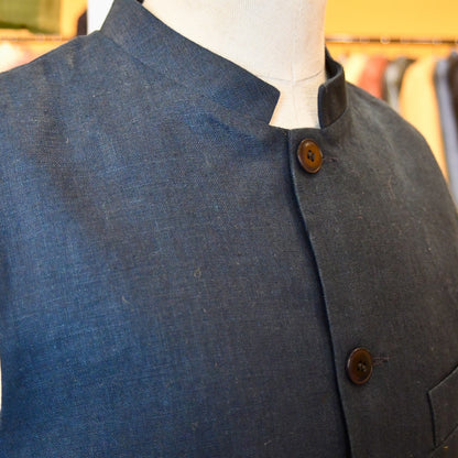 Lighweight linen Nehru Collared Gilet. Handmade in London. side View.