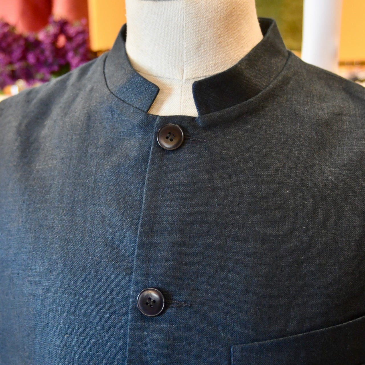 Lighweight linen Nehru Collared Gilet. Handmade in London.