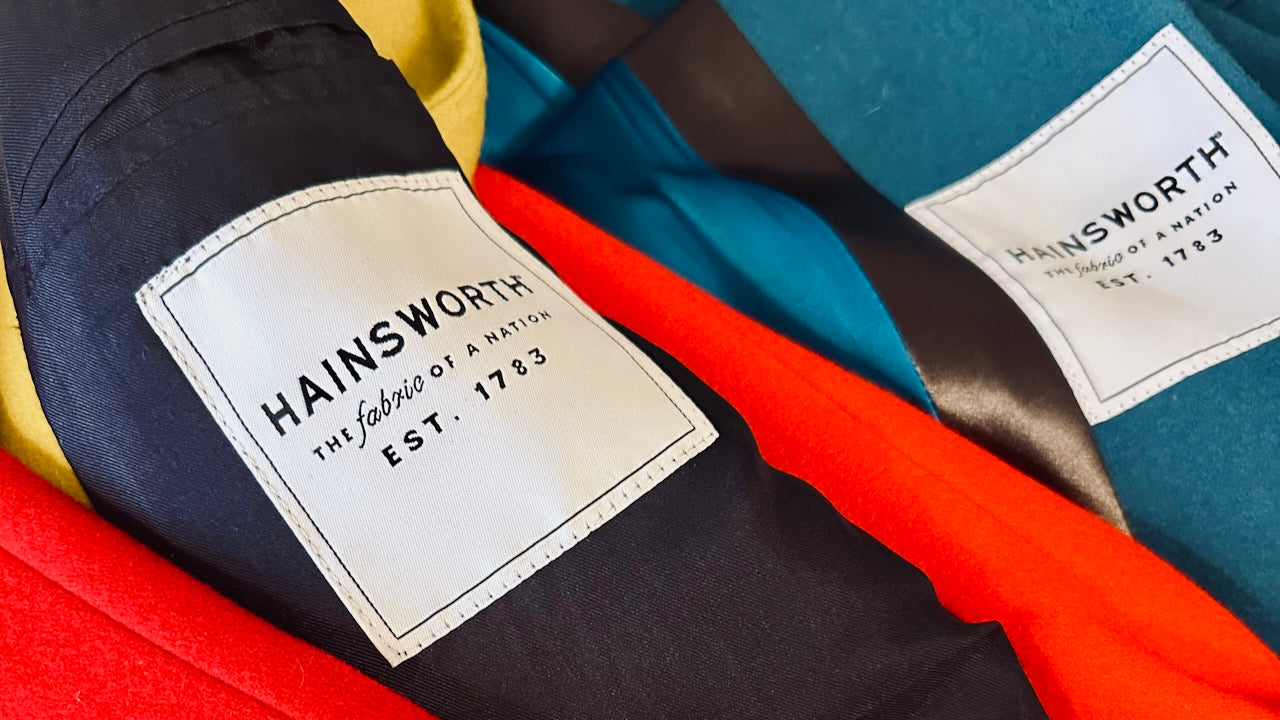 AW Hainsworth Maker Labels on Weskit Gilets. Handmade Gilet. Made in London. Entirely made in Great Britain.